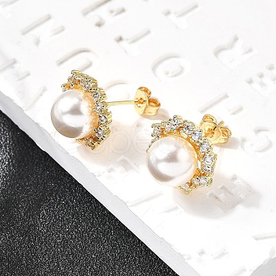 Round Brass Micro Pave Clear Cubic Zirconia Stud Earrings EJEW-C154-07G-1