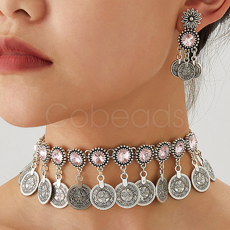 Alloy Rhinestone Flat Round Coin Tassel Necklaces & Stud Dangle Earrings Sets FS-WG925BB-05-1