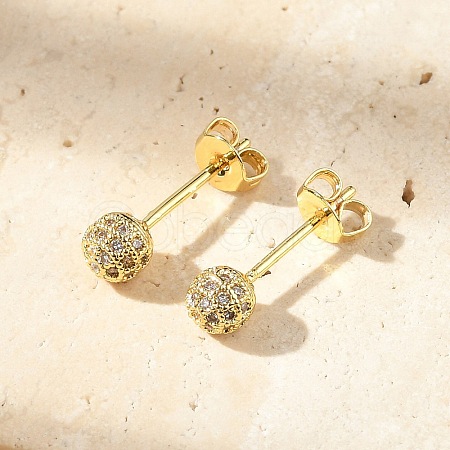 Round Brass Micro Pave Clear Cubic Zirconia Stud Earrings LS-EJEW-D311-107G-1