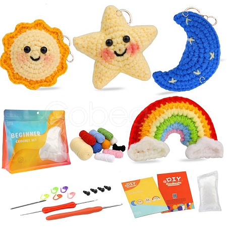 4 Style Sun Moon Star Rainbow Keychain DIY Knitting Kits for Beginners PW-WG13842-01-1