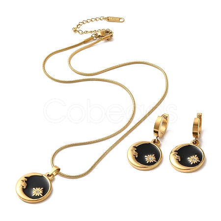 Ion Plating(IP) Moon & Flower Golden 304 Stainless Steel Jewelry Set with Enamel SJEW-H306-02G-02-1