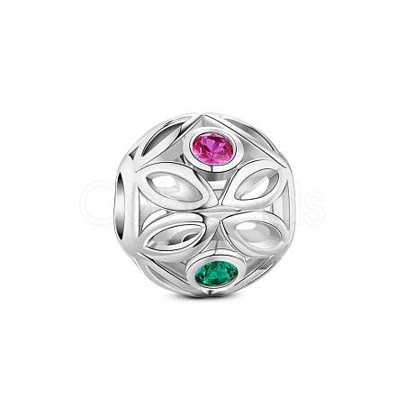 TINYSAND Rondelle Rhodium Plated 925 Sterling Silver Lucky Clover Charm European Beads TS-C-004-1