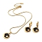 Ion Plating(IP) Moon & Flower Golden 304 Stainless Steel Jewelry Set with Enamel, Dangle Hoop Earrings and Pendant Necklace, Black, Necklaces: 402mm; Earring: 35x18mm