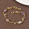 Brass Micro Pave Cubic Zirconia Oval & Leaf Link Chain Bracelets for Women BJEW-G764-05G-01-3