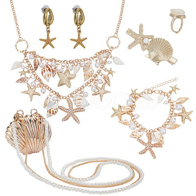 PandaHall Elite Natural Shell & Alloy Starfish Charm Bracelet & Bib Necklace & Adjustable Ring & Dangle Stud Earrings & Aligator Hair Clip & Mini Crossbody Bags SJEW-PH0001-11-1