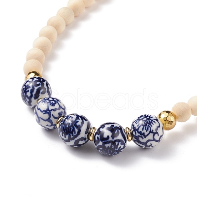 Natural Wood  & Porcelain & Synthetic Hematite Round Beaded Necklace for Women NJEW-JN03874-1