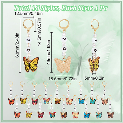 18Pcs 9 Styles Butterfly Acrylic & Alloy Enamel Pendant Locking Stitch Markers HJEW-SC00097-1