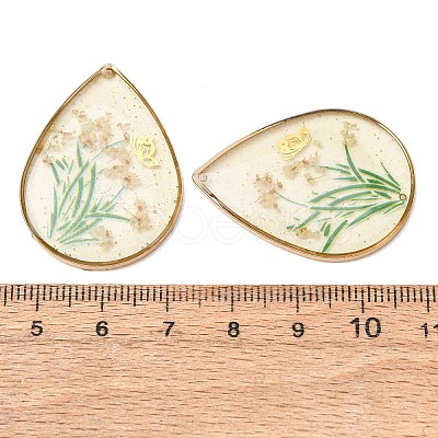 Brass & Transparent Epoxy Resin & Dried Flower Pendants RESI-G133-02G-04-1