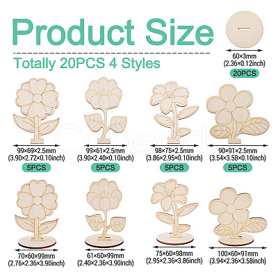 20Pcs 4 Styles Flower Unfinished Wood Display Decorations for DIY Painting Decoration Crafts DJEW-TA0001-38-1