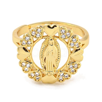 Flat Round with Saint & Heart Rack Plating Brass Micro Pave Cubic Zirconia Adjustable Rings RJEW-I105-04G-10-1