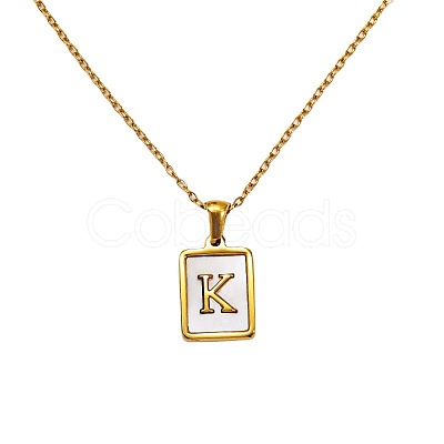 Rectangle 304 Stainless Steel Pave Natural White Shell Initial Pendant Necklaces for Women FS-WGB5EDA-11-1