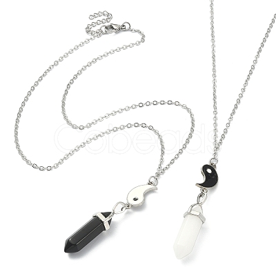 2Pcs 2 Style Natural Black Obsidian & White Jade Bullet Pendant Necklaces Set NJEW-TA00095-01-1