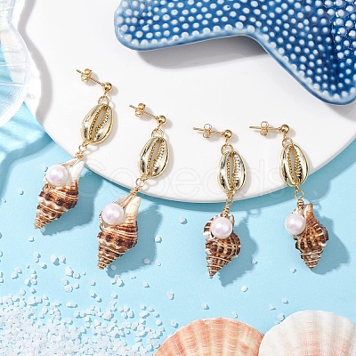 Alloy Natural Shell Beaded Dangle Stud Earrings EJEW-JE06268-1