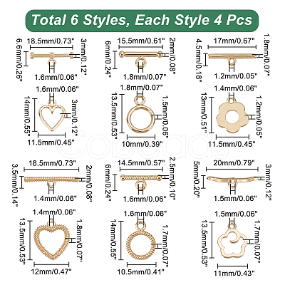 DICOSMETIC 24Pcs 6 Styles Rack Plating Brass Toggle Clasps KK-DC0001-45-1