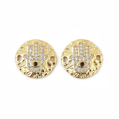Brass Micro Pave Clear Cubic Zirconia Disc with Hamsa Hand Connector Charms KK-P300-24G-01-1