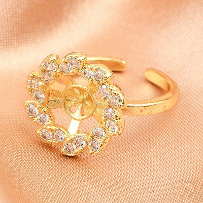Adjustable Brass Micro Pave Cubic Zirconia Cuff Ring Settings for Half Drilled Beads RJEW-Z113-23G-1
