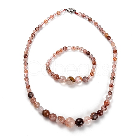 Natural Quartz Graduated Beaded Necklaces & Stretch Bracelets Jewelry Sets SJEW-H304-01B-1