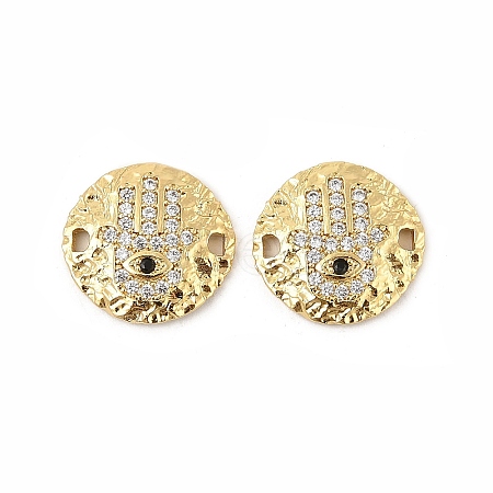 Brass Micro Pave Clear Cubic Zirconia Disc with Hamsa Hand Connector Charms KK-P300-24G-01-1