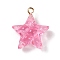 Transparent Resin Pendants, Star Charms with Light Gold Tone Alloy Loops, Hot Pink, 23x20.5x9.5mm, Hole: 2mm