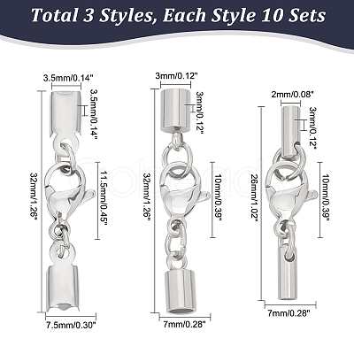 30 Sets 3 Styles 304 Stainless Steel Lobster Claw Clasps STAS-UN0047-74-1