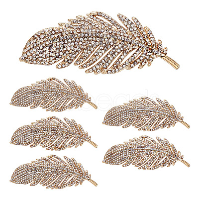 6Pcs Feather Shape Brass Rhinestone Lapel Pins for Backpack Clothes JEWB-UN0002-71B-1