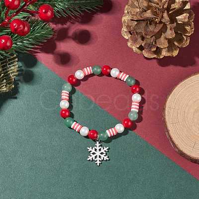 Natural Green Aventurine & Mashan Jade & Shell Pearl Stretch Bracelet with Christmas Snowflake Alloy Charm BJEW-TA00089-1