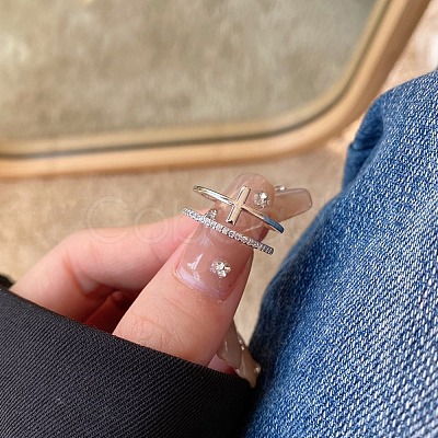 Rhodium Plated 925 Sterling Silver Cross Open Cuff Rings with Cubic Zirconia RJEW-F150-51P-1