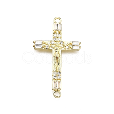 Brass Micro Pave Clear Cubic Zirconia Religion Crucifix Cross Connector Charms KK-Z100-22G-01-1