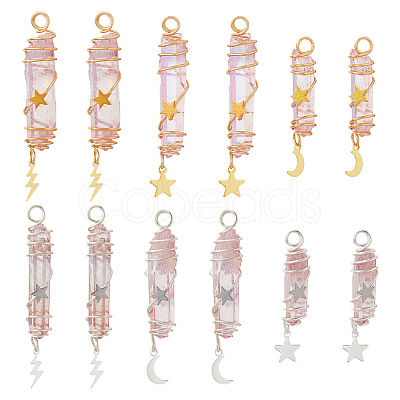 12Pcs 6 Styles Electroplated Natural Quartz Crystal Pointed Copper Wire Wrapped Bullet Pendants PALLOY-FH00161-1