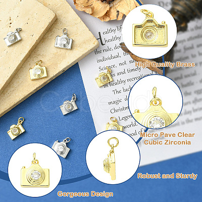 8Pcs 4 Styles Brass Pave Cubic Zirconia Camera Charms KK-CJ0004-36-1