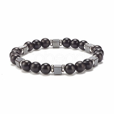 Natural Wood & Synthetic Hematite Beaded Stretch Bracelet BJEW-JB07928-1