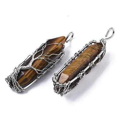 Natural Tiger Eye Big Wire Wrapped Pointed Pendants G-T133-P02B-1