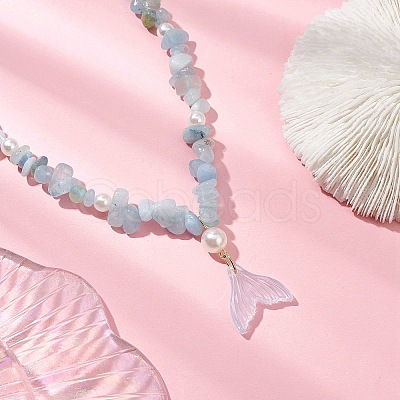 Natural Aquamarine Chip & Imitaton Round Pearl Beaded Adjustable Necklaces NJEW-JN05227-05-1