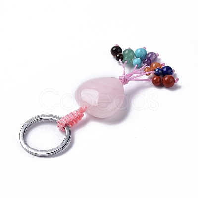 Natural Rose Quartz Heart with Mixed Gemstone Tassel Keychains KEYC-P012-03P-04-1