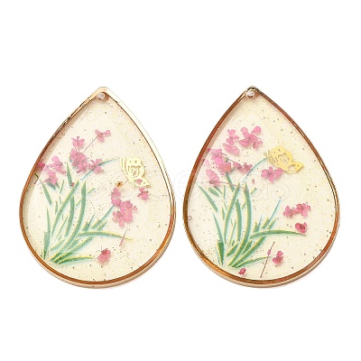 Brass & Transparent Epoxy Resin & Dried Flower Pendants RESI-G133-02G-06-1