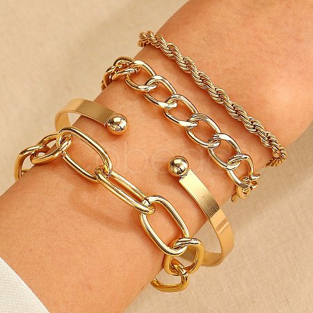 4Pcs 4 Style Light Gold Alloy Cuff Bangle and Chain Bracelet Sets PW-WG73165-06-1