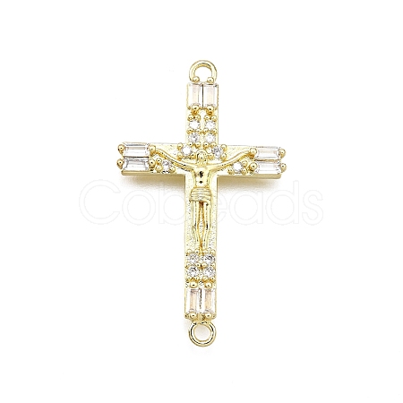 Brass Micro Pave Clear Cubic Zirconia Religion Crucifix Cross Connector Charms KK-Z100-22G-01-1