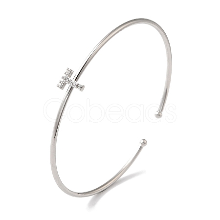 Rack Plating Brass Micro Pave Clear Cubic Zirconia Letter Open Cuff Bangles BJEW-A018-01P-T-1