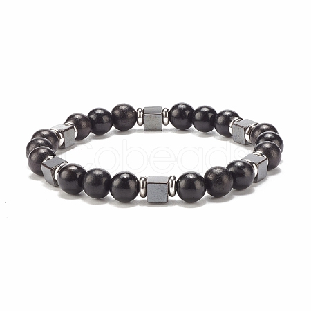 Natural Wood & Synthetic Hematite Beaded Stretch Bracelet BJEW-JB07928-1