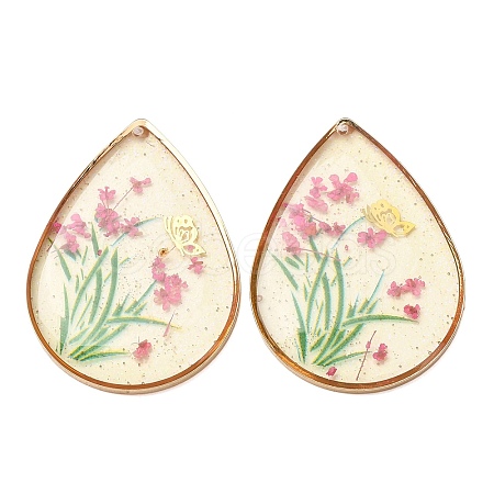 Brass & Transparent Epoxy Resin & Dried Flower Pendants RESI-G133-02G-06-1