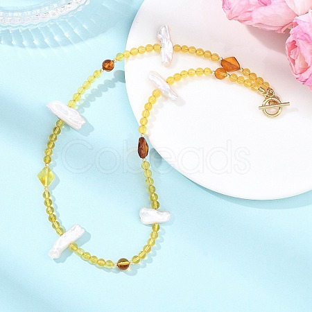 Natural Baroque Keshi Pearl Stick & Natural Amber Round Rhombus Beaded Necklaces with OT Clasps for Women NJEW-JN06088-1