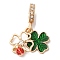 Rack Plating Alloy Crystal Rhinestone European Dangle Charms, Large Hole Clover & Ladybug Pendants with Green & Red Enamel, Cadmium Free & Nickel Free & Lead Free, Golden, 27mm, Hole: 5mm