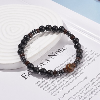 Natural Tiger Eye & Coconut & Wood Beaded Stretch Bracelet BJEW-JB08267-1