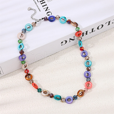 Bohemian Dyed Natural Shell Flat Round & Faceted Rondelle Glass Beaded Necklaces for Women NJEW-S456-01-1