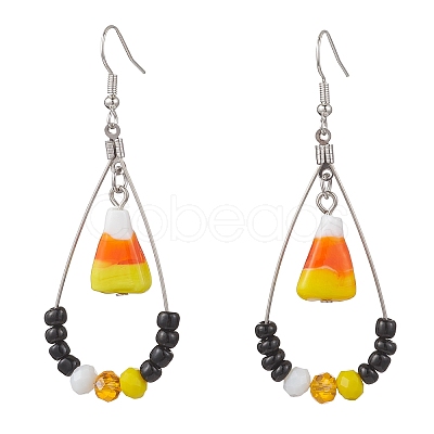 Corn Brass Glass Dangle Earrings EJEW-JE06660-1