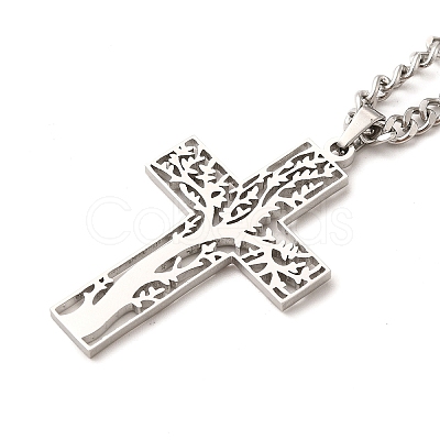 Non-Tarnish 304 Stainless Steel Cross with Tree of Life Pendant Necklaces NJEW-M197-02P-1