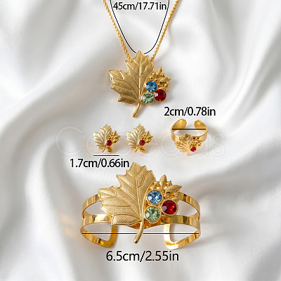 Maple Leaf Alloy Colorful Rhinestone Pendant Necklaces & Stud Earrings & Cuff Bangles & Cuff Rings Sets for Women WGFFE4E-01-1