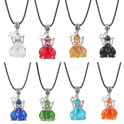 8Pcs 8 Colors Glass Seed Beaded Star Angel Pendant Black Waxed Cotton Cord Necklaces NJEW-MZ00144-1