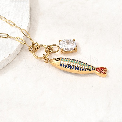 Ocean 304 Stainless Steel Enamel Fish Pendant Paperclip Chain Necklaces with Clear Cubic Zirconia SA-CBAD22F-07G-B-1