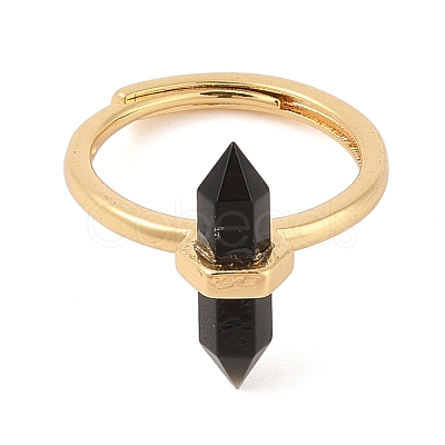 Double Pointed Hexagonal Prism Natural Obsidian Adjustable Rings for Women RJEW-G327-01G-06-1